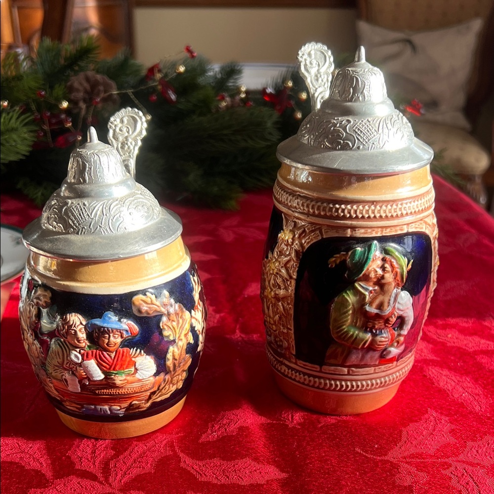 Vintage German Beer Steins with Pewter Lids. Set of 2.
